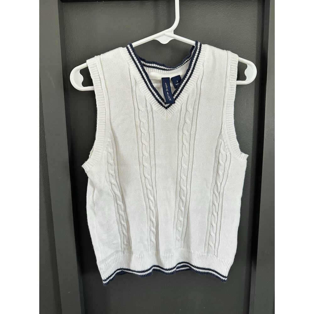 Janie And Jack Boys Cable Knit White Sweater Vest - Navy Trim Size 3